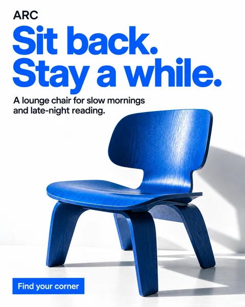 The English original of a sample chair advertisement we made with AI: the headline Sit back. Stay a while., a blue plywood chair, a Find your corner button.